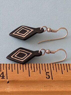 925 Sterling Silver Inlay on black dangle Diamond shaped earrings